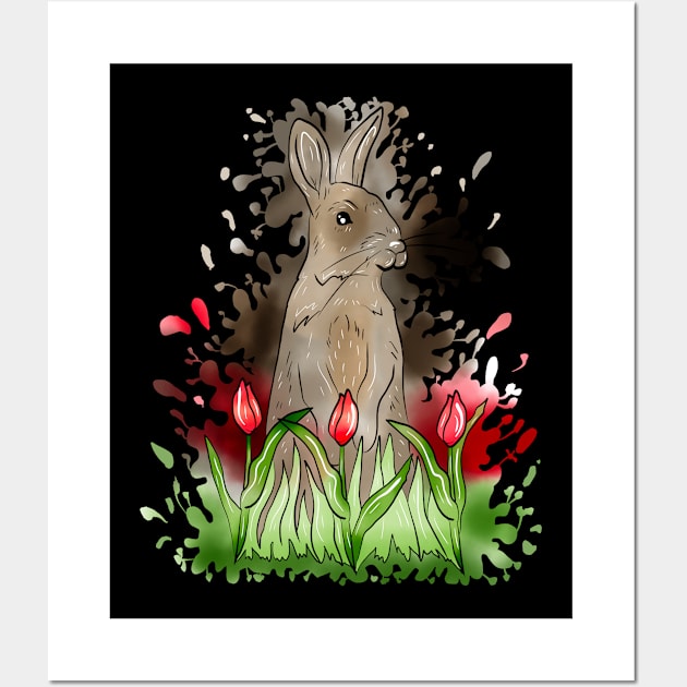 European Rabbit Watercolor Splash With Black Background Wall Art by missmann